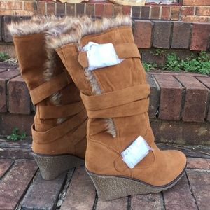 BROWN SUEDE FAUX WRAP FUR BUCKLE MID CALF WEDGE BOOT